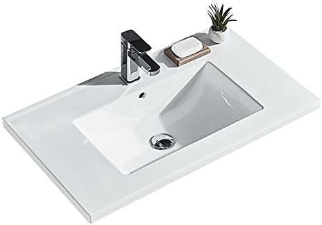 baanio - Lavabo Encimera Cerámico Blanco | Pila Lavamanos Rectangular 81x46 cm | Compatible con Mueble de Baño 80x45 cm, con Rebosadero, con Orificio Grifo 81x46 cm, 1 Seno centrado.