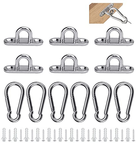 QUCUMER 12 Pcs Stainless Steel Oblong Pad Eye Plate and Carabiner Clips, Heavy Duty Oblong Pad Eye Plates Metal Staple Ring Hook Carabiner Hook with Screws for Climbing Sport and Home Use (M5)