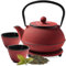 Tealøv TETERA HIERRO FUNDIDO 800 ML SET – SERVICIO DE TÉ COMPLETO de Tetera de Hierro Fundido con Infusor, Tazas de té y Salvamantel – Interno smaltato - Diseño de Estilo Japonés - Rojo Japonés