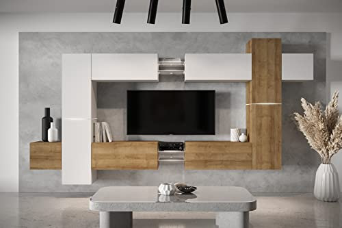 Furnitech AN91 New Modernes Wohnzimmer Wohnwand Wohnschrank Schrankwand Mediawand Möbel MATT (LED RGB 16 Farben, AN91NEW-21WDZ-M11)