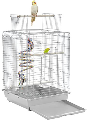 Yaheetech Vogelkäfig mit Vogelspielzeuge Wellensittichkäfig Nymphensittiche Fink Papageienkäfig mit Dach 40 x 40 x 58 cm Hellgrau