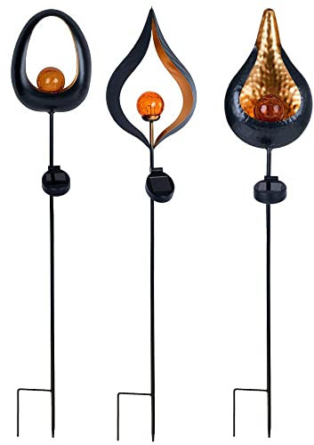 etc-shop Solarleuchte Flamme Garten Solarstab für Außen Solar Garten Deko für Außen mit Erdspieß und Flammeneffekt, Metall Glas, 1x LED, H 93 cm, 3er Set