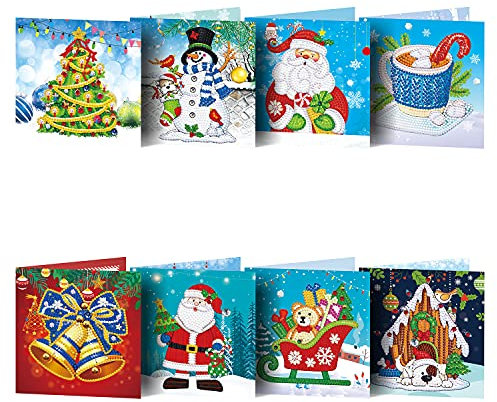 Huacan Diamant Painting Gruß Karten 8 Stück Weihnachten Grußkarte Mit Umschlag 5D DIY Diamond Weihnachtskarten Kit Geschenk für Familien, Diamant Painting Gruß Karten für Weihnachten Neujahr