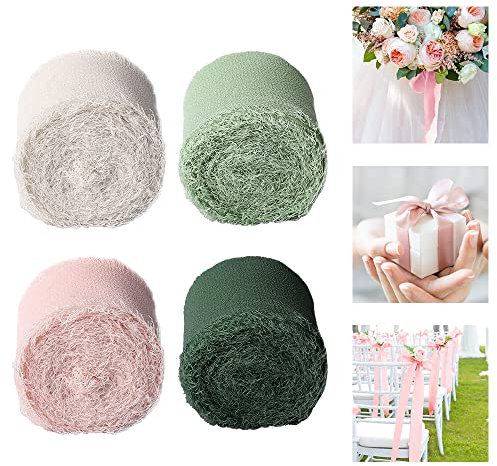 HAOMEEDUO 4 Rollen Chiffonband Breit 3.7cm Seidenband Bänder Chiffon Schleifenband Chiffon Geschenkband 5 Yards Satinband Fransenband 4 Farben Band mit Fransen für Blumenstrauß Geschenke Verpackung