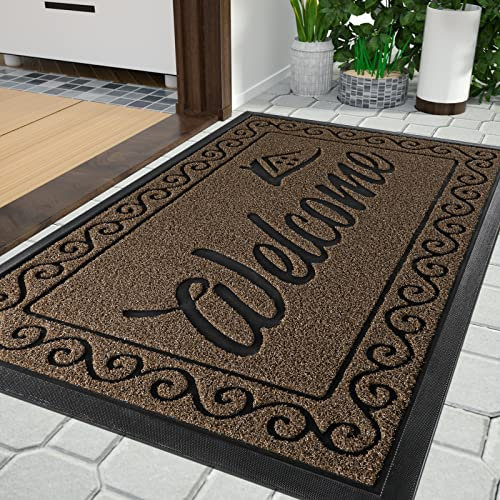 Yimobra welcome door mat, Heavy Duty Sturdy Front Mats for Home Entrance Outdoor Indoor,Non Slip Backing, Exterior Mats for Outside Patio Porch Farmhouse, 75 x 43 cm, Coffee