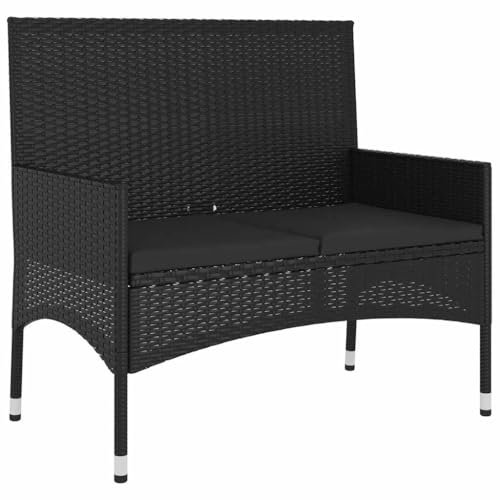 vidaXL Gartenbank, Sitzbank 2-Sitzer mit Kissen, Bank mit Armlehnen Rückenlehne, Parkbank Gartenmöbel Stahlrahmen, Schwarz Poly Rattan