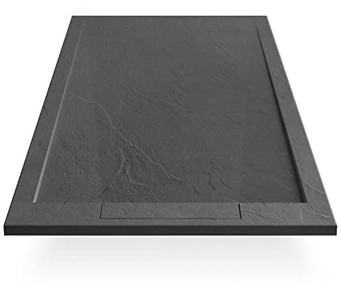 EGO INTERIORS Premium Design Duschwanne 90 x 90 cm Schieferoptik, Grau Matt, Flache Anthrazit Duschtasse aus Mineralguss, Rutschfeste Struktur, Superflach, Rechteckiges Duschbecken