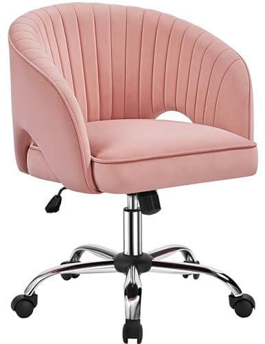 Yaheetech Velvet Desk Chair, Makeup Vanity Chair with Tufted Barrel Back Adjustable Velvet Accent Armchair Swivel Office Chair for Home Office Pink