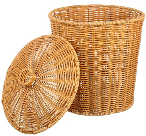 TOPBATHY Rattan Waste Basket with Lid Wicker Waste Paper Bin and Basket Trash Can Rubbish Basket for Bedroom, Bathroom, Offices or Home