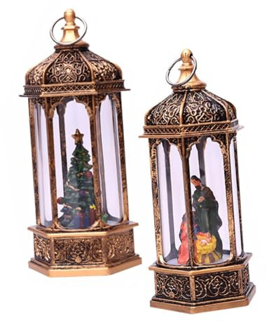 DOITOOL 2 Stück Kerzenständer Ornament Weihnachten Garten Hängelaterne Urlaub Vintage Laterne Weihnachten Schneekugel Kunststoff Windlicht Weihnachtslampe Sechseckiges Nachtlicht Antike