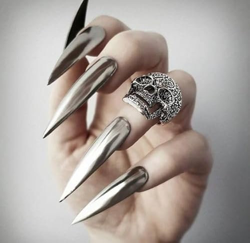 MouyouGlow Press on Nails Long,Stiletto Halloween Silber Spiegel Y2K Gothic Spice Girls Chrome Mirror Fake Nails with Nagelkleber,Silver Reflective Punk Metal Künstliche Fingernails