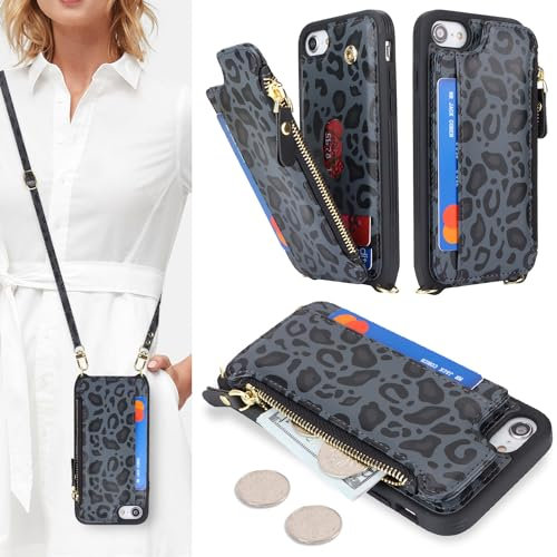 SailorTech Handyhülle für iPhone 7/8 Etui mit Kartenfach, iPhone SE2/SE3 Hülle mit Verstellbarer Halskette, iPhone 7/8/SE 2020/SE 2022 Handytasche mit Reißverschluss Geldbörse - Schwarzer Leopard