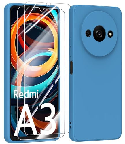 MIKULLE Silicone Coque pour Xiaomi Redmi A3 4G avec 2 Verre trempé Protection écran, Couleur Pastel Ultra-Mince Souple Housse pour Xiaomi Redmi A3 4G (6.71) - Bleu
