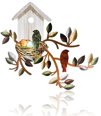 Metal Bird Wall Art Decor, Outdoor Wall Decor Bird Wall Art Hanging Metal Tree with Birdhouse Birds Wall Decor for Indoor Outdoor Garden