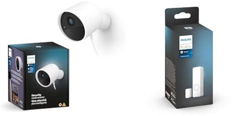 Philips Hue Secure Cámara de Video Vigilancia Inteligente para Exteriores o Interiores, Versión con Cable, Blanco + Philips Hue Secure Sensor de contacto inteligente para Puertas y Ventanas, Blanco
