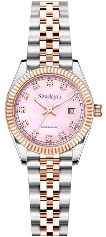 Szaikyri Klassische Damenuhr mit Festem Rostfreien Stahlgürtel Wasserdicht Armbanduhr Damen Kalender Uhr für Damen (Rosegold Pink)
