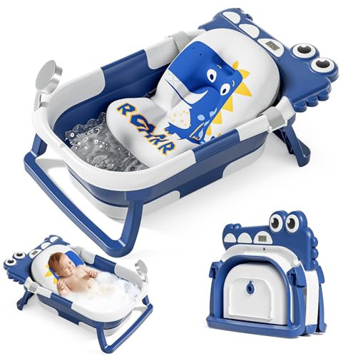 Baby Badewanne mit Thermometer, Krokodile Faltbare Babybadewanne mit Sitzmatte, Rutschfeste Babywanne, Tragbare Baby Bathtub für Neugeborene von 0-36 Monaten, Dunkelblau