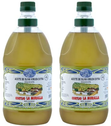 Aceite de Oliva Virgen Extra Cortijo la Muralla - Variedad Arbequina – AOVE Recolección temprana – Extracción en frío - Muy frutado y aromático - de Rute, Córdoba - Pack de 2 garrafas de 2 litros.