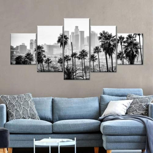 Schwarz-Weiß Kalifornien Skyline von Los Angeles leinwandbilder wohnzimmer 5 Stück Leinwand Bilder Bild Auf Leinwand Wandbild Kunstdruck 5 Teilige Leinwandbilder wandbilder schlafzimmer Wanddekoration