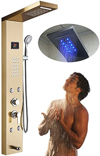 LZDOYY 6 in 1 Shower Panel System,Unitary Type Waterfall Rainfall Shower Panel,Stainless Steel Bathroom Shower Mixer,Shower Column Panel Faucet Rain Massage System with Body Jets,Gold