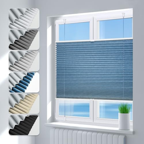 Deswell Plissee ohne Bohren Verdunkelung Klemmfix Verdunklungsplissee B90 x H130 cm Blau, 100% Blickdicht lichtundurchlässig Thermo Plissee Faltrollo Sichtschutz Sonnenschutz für Fenster Tür