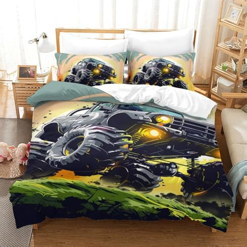 ChengzeTCo LKW 3D Gedruckt Bettwäsche Sets 3 Teilig Ettbezüge Mit Kissenbezug Soft Microfaser Luxus Modern Mit Reißverschluss Für Erwachsene Und Kinder Single(140x200cm)