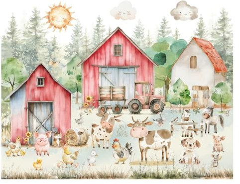 Fototapete Kinderzimmer, Bauernhof, Dorf, Waldtiere Bäume, Ländliche Tiere, Kuh, Pferd, Schaf, Hühner, Tapeten für Kinder Babyzimmer Vlies Tapeten wandtapete Mädchen und Jungen. Tapete nach Maß 1m2