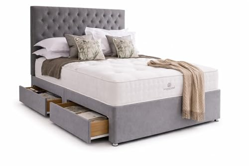 CALISMA Designer Toro Plush Memory Spring Foam Divan Bed Set With Mattress, 2 Drawers (Same Side) and Headboard (Steel Plush Velvet, 3FT Single)