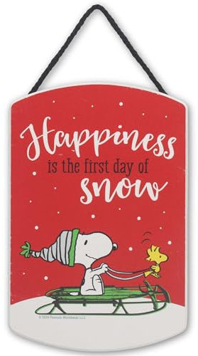 Peanuts Snoopy Happiness Is The First Day of Snow Hängende Holz-Wanddekoration – lustiges Snoopy-Schild für Weihnachten oder Winter