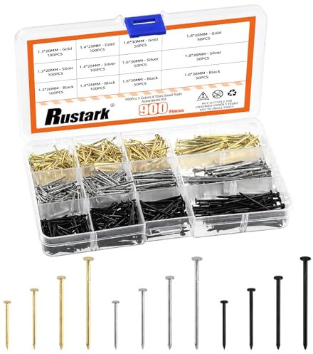 Rustark 900Pcs 4 Sizes Assorted Colors Hardware Nails Assortment Kit Flat Head Nails Wood Nails Wall Nails Small Nails Picture Hanging Nails Finishing Nails Common Nails for Hanging Pictures Wood
