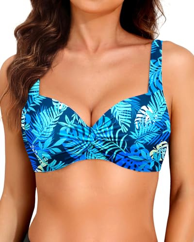 Yonique Haut de Bikini à Armatures pour Femme - Haut de Maillot de Bain Push-up rembourré, Feuilles Bleues., Taille S