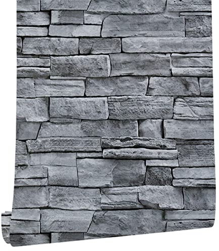Tinicor Gray Brick Wallpaper Self Adhesive Wallpaper, Grey Stone Effect Peel and Stick Wallpaper, Vinyl Waterproof Vintage Wall Paper, Contact Paper for Christmas House Wall Decor, 44 x 500 cm