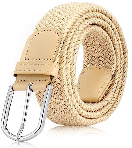 VONMELLI damen gürtel stretchgürtel damen Herren Elastischer Stoffgürtel Geflochtener Verstellbarer Flechtgürtel Damen mit Goldschnalle für Jeans Hosen Shorts Kleid Khaki mit silberner Schnalle L