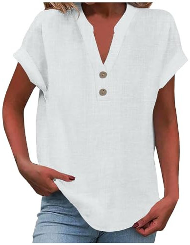 Women's Summer Cotton Linen Cap Sleeve T-Shirt Button Down V-Neck Loose Tunic Tops Fashionable Baggy Solid Color Plain Casual Shirts Trendy Lounge Vacation Lightweight Outdoor Blouses B White