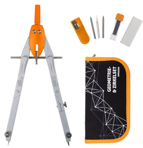 DynaTech Zirkel Geometrie-Set Orange 13-teilig inkl. Schnellverstellzirkel mit Federmäppchen, 2 Ersatzminen, Etui und Zubehör für Schule Uni und Büro