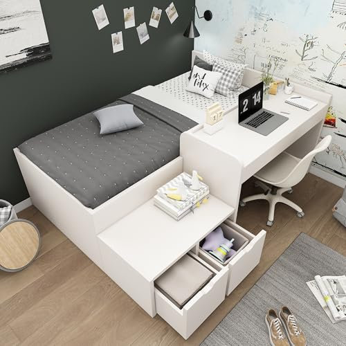 3ft Single Bed Frame with Desk and Drawers, Multifunctional Platform Bed with Large Sorage Space & Wooden Slats, Space Saving Wooden Beds for Adults Kids Teenagers, White, 90x190 cm, No Mattress