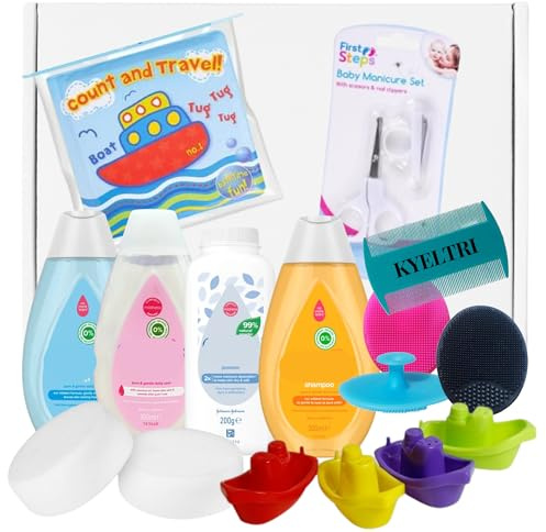 Kyeltri Baby Bath Bundle with Baby Toiletries, Silicone Baby Brushes and Comb for Cradle Cap and Baby Massage with Baby Sponges, Bath Book, Boats and Baby Manicure Set