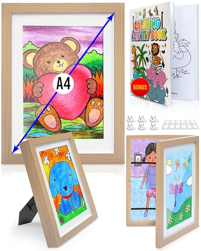 KidGallery Bilderrahmen für Kinderzeichnungen A4 – 2 Kinder Kunst Rahmen aufklappbarer Holz – Inklusive Malbuch – Einfache & organisierte Aufbewahrung – Kreatives Geschenk für individuelle Dekoration