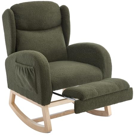 WEALTHOUSE Komfortabler Schaukelstuhl Stillstuhl Lounge‑Sessel mit ergonomischer hoher Rückenlehne und klappbarer Fußstütze, Teddy‑Plüsch‑Bezug, Seitentasche, für Wohnzimmer Schlafzimmer (Grün)