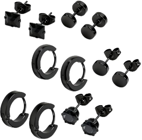 6 Pairs Men's Stainless Steel Earrings - Studs, Barbell, Ear Hoops for Men & Boys in Black- mens earrings