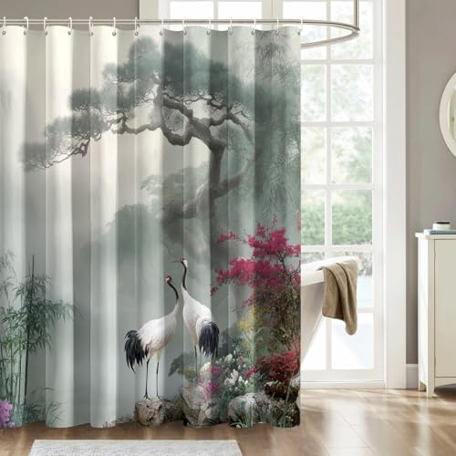 Generisch Duschvorhang Japanisch Motiv, Japanisch Chinesisch Duschvorhang 100x180 cm Badewanne Badezimmer Deko, Anti Schimmel Waschbar Wasserdicht Textil Shower Curtain, 12 Haken (JW34)