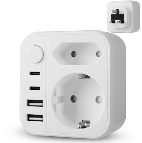 6 en 1 Adaptador De Enchufe España A UK con 2 Puertos USB-A/Tipo-C, GeeRic Enchufe Universal Viaje Tipo G para Reino Unido, Irlanda, Hong Kong y Singapur, 3400 W/250 V-13 A