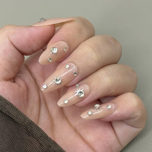 24Pcs Nude Pink Press on Nails - Short Almond False Nails - Shining Stars & Diamonds Design - Reusable Romantic French Tip Acrylic Nails for Elegant Women