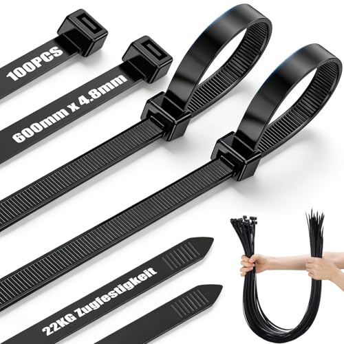 Kabelbinder Lang Schwarz Wiederverschließbar, Zip Ties 100 Stück 600mm x 4,8mm für Kabelmanagement, Zugfestigkeit 22KG, UV Beständig, Cable Ties für Werkstatt, Elektroinstallation,Gartenarbeit