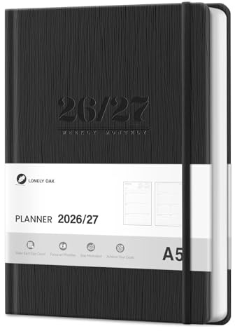 Lonely Oak A5 Academic Diary 2026-2027 Week to View, Daily Weekly Planner | 13 Months Faux Leather School Year Monthly Calendar Diary from Jul.2026 to Jul.2027 5.75 x 8.4（Black）