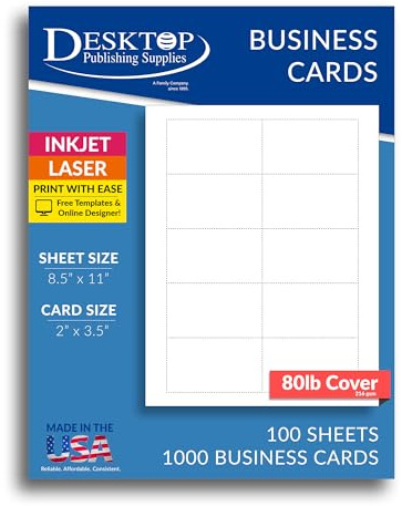 Heavyweight White Blank Business Card Paper - 100 Sheets / 1000 Business Cards - 80lb Cover / 218 gsm - Inkjet & Laser Printer Compatible - Standard 3.5 x 2 Inches