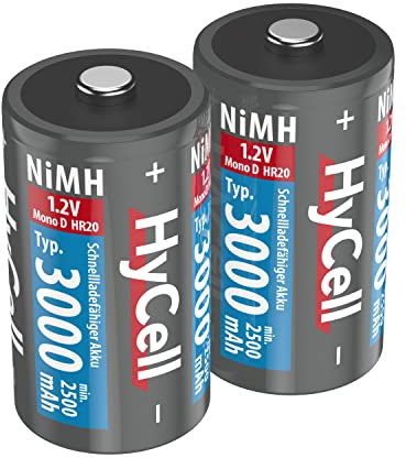 HyCell Piles Rechargeables NiMH Mono D 3000 mAh 1,2V (2 pces) – Piles HR20 pour Lampes Torches, Jouets électroniques, appareils de Mesure, etc. – Accumulateurs de qualité supérieure