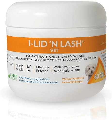 I-LID ’N LASH Vet Dog Eye Wipes - Best Tear Stain Preventer for Dogs (60 Wipes) | Prevents Puppy Tear Stains with Hyaluronan | Cat Eye Wipes for Discharge - No Antibiotics or Harmful Chemicals