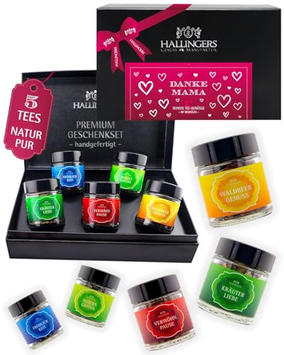 Hallingers Genuss Manufaktur Tee Muttertagsgeschenk-Set - 5 Sorten premium loser Tee Probierset in edler Geschenkbox mit Rezept-Booklet Danke Mama, Geschenkidee für Mama Oma