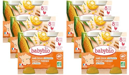Babybio - Petits Pots Maïs Doux Poulet Fermier Du Poitou 2x200G - PACK de 6 - 8 Mois - BIO